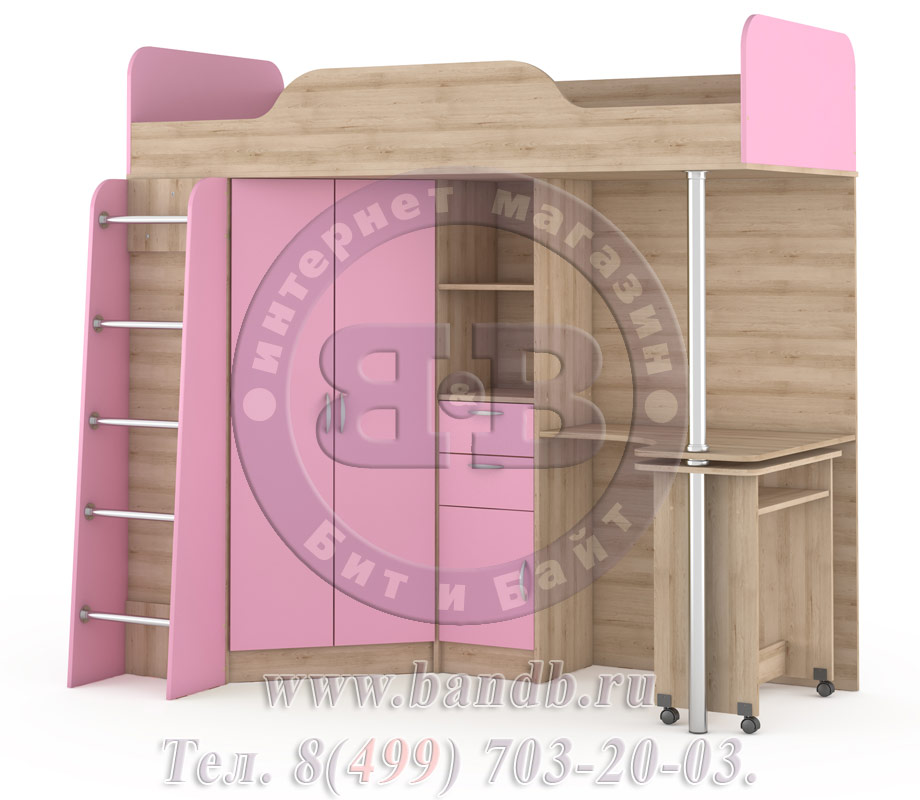 Кровать-чердак со столом Ника 427Т цвет бук песочный/роза Картинка № 3