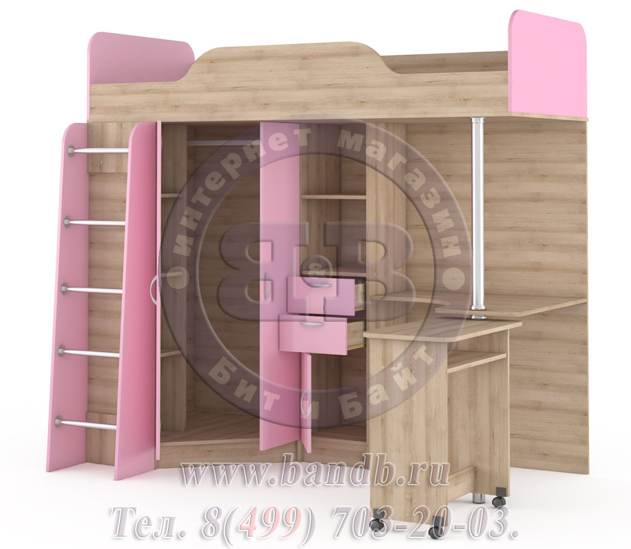 Кровать-чердак со столом Ника 427Т цвет бук песочный/роза Картинка № 4