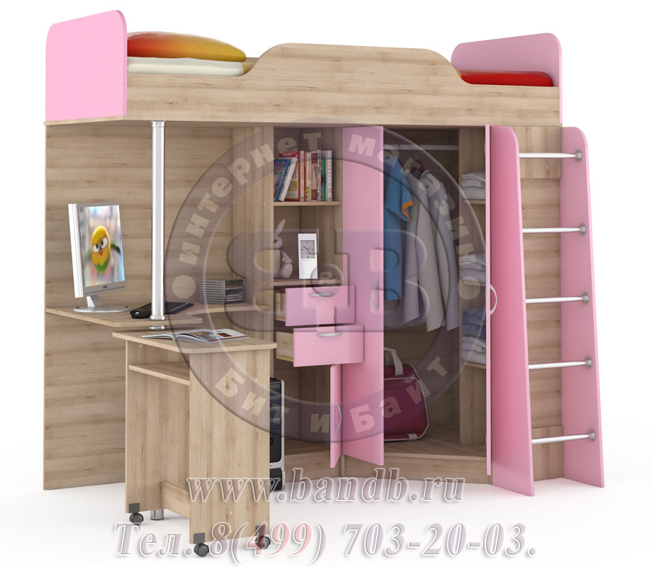 Кровать-чердак со столом Ника 427Т цвет бук песочный/роза Картинка № 6