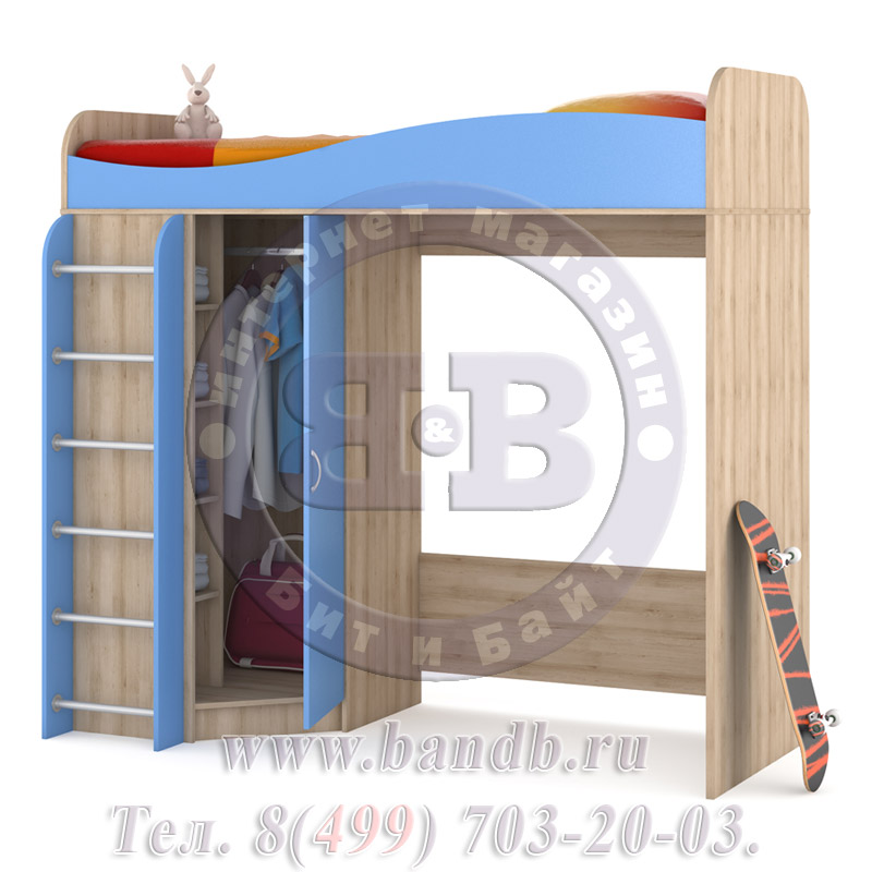 Кровать-чердак со шкафом Ника цвет бук песочный/капри синий Картинка № 2