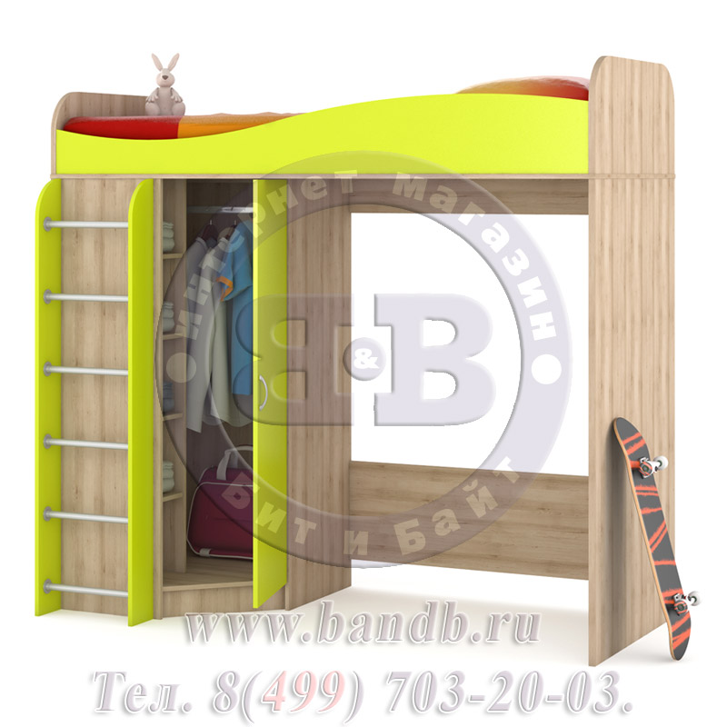 Кровать-чердак со шкафом Ника цвет бук песочный/лайм зелёный Картинка № 2