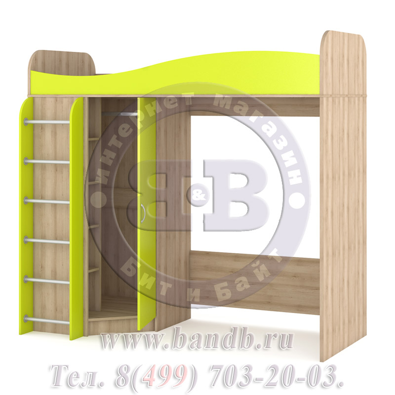 Кровать-чердак со шкафом Ника цвет бук песочный/лайм зелёный Картинка № 4