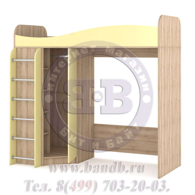 Кровать-чердак со шкафом Ника цвет бук песочный/лимонный сорбет Картинка № 4