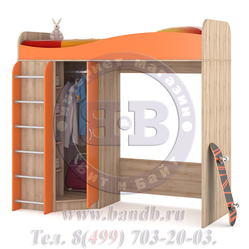 Кровать-чердак со шкафом Ника цвет бук песочный/оранжевый Картинка № 2