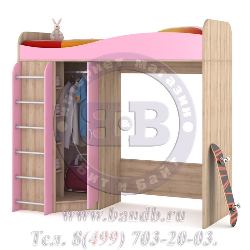 Кровать-чердак со шкафом Ника цвет бук песочный/роза Картинка № 2