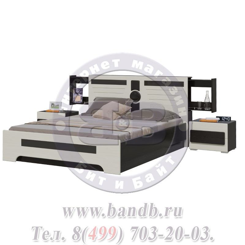 Кровать с баром с подъёмным механизмом с двумя тумбочками Престиж цвет венге цаво/жемчужный лён Картинка № 2