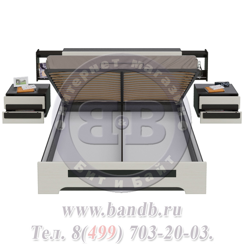Кровать с баром с подъёмным механизмом с двумя тумбочками Престиж цвет венге цаво/жемчужный лён Картинка № 8