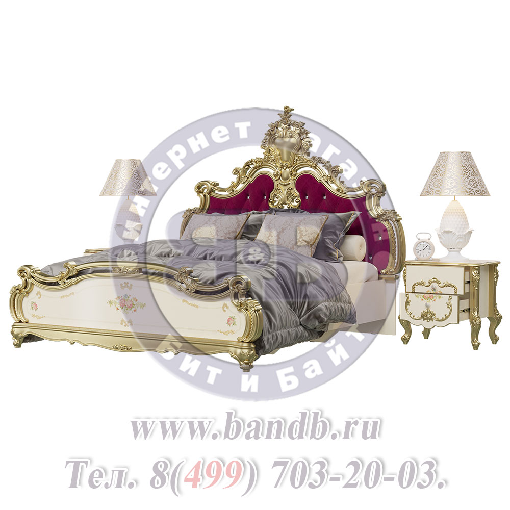 Двуспальная кровать 1800 с двумя тумбами Шейх цвет слоновая кость/золото Картинка № 2