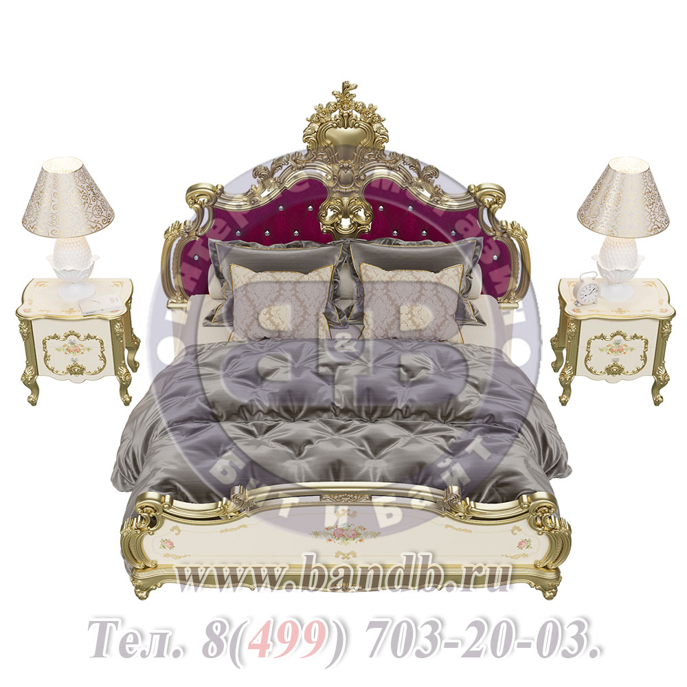 Двуспальная кровать 1800 с двумя тумбами Шейх цвет слоновая кость/золото Картинка № 5