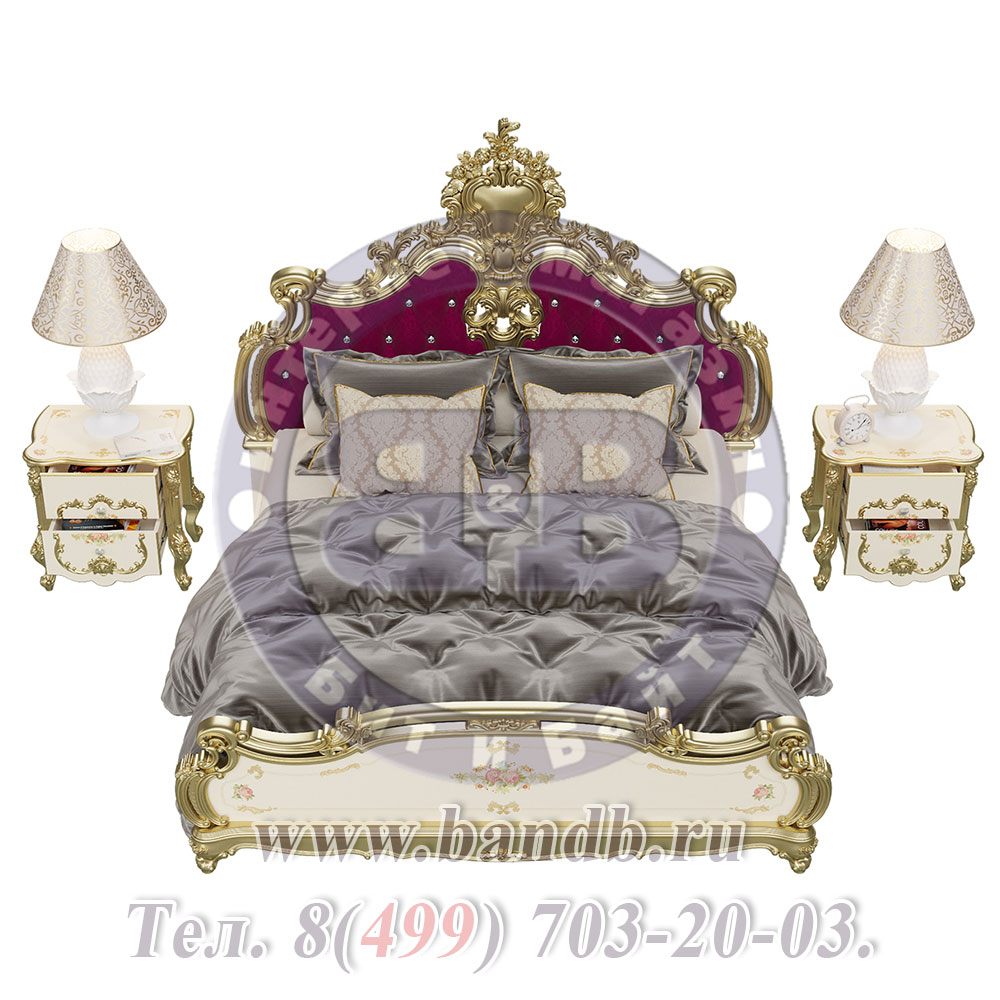 Двуспальная кровать 1800 с двумя тумбами Шейх цвет слоновая кость/золото Картинка № 6