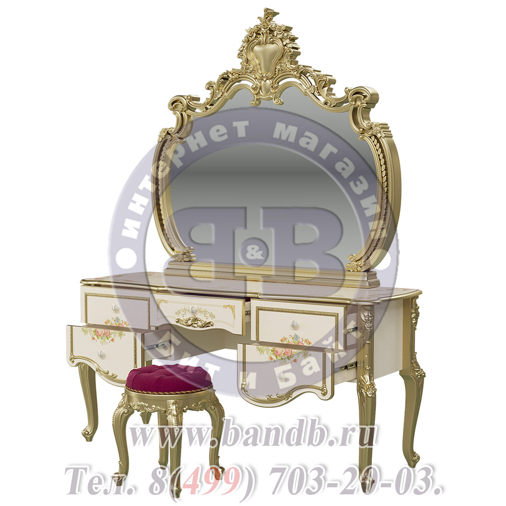 Стол туалетный с пуфиком и зеркалом Шейх цвет слоновая кость/золото Картинка № 4