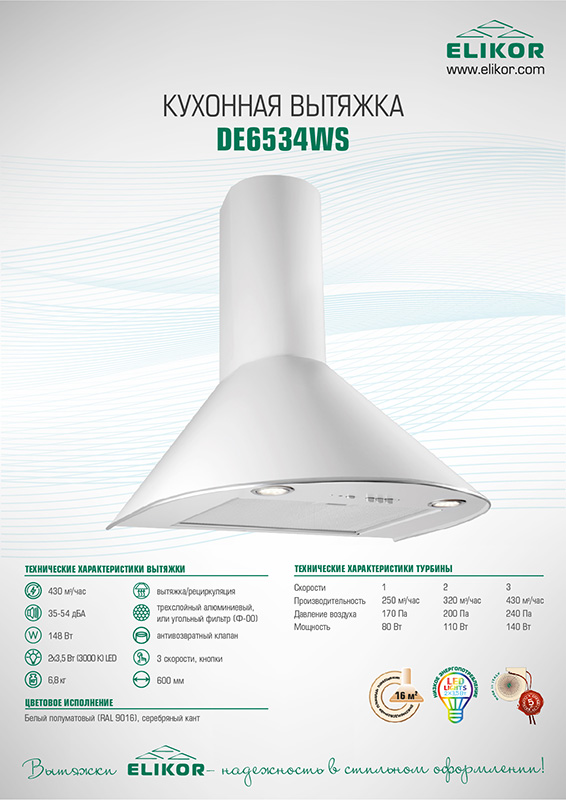 Кухонная вытяжка ELIKOR белая/серебро DE6534WS Картинка № 3