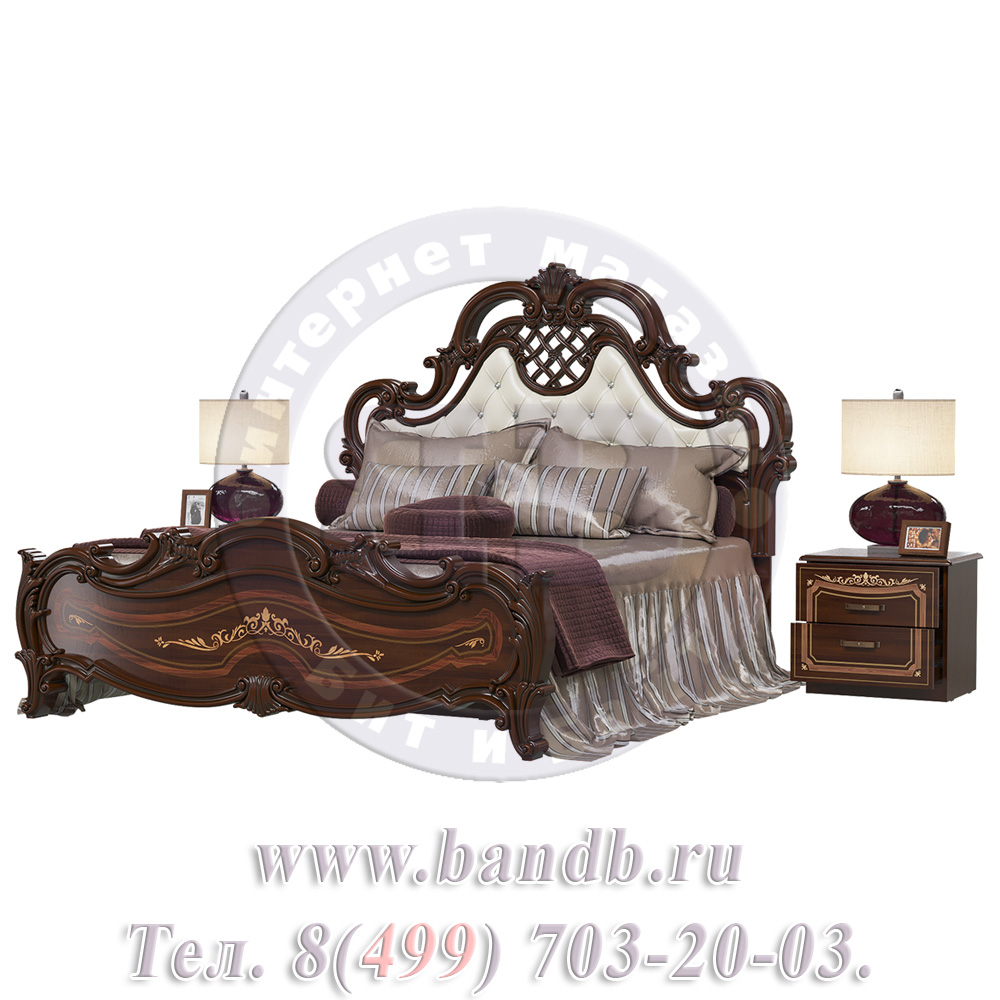 Двуспальная кровать Грация 1600 мягкое изголовье с двумя тумбами цвет орех тайский Картинка № 2