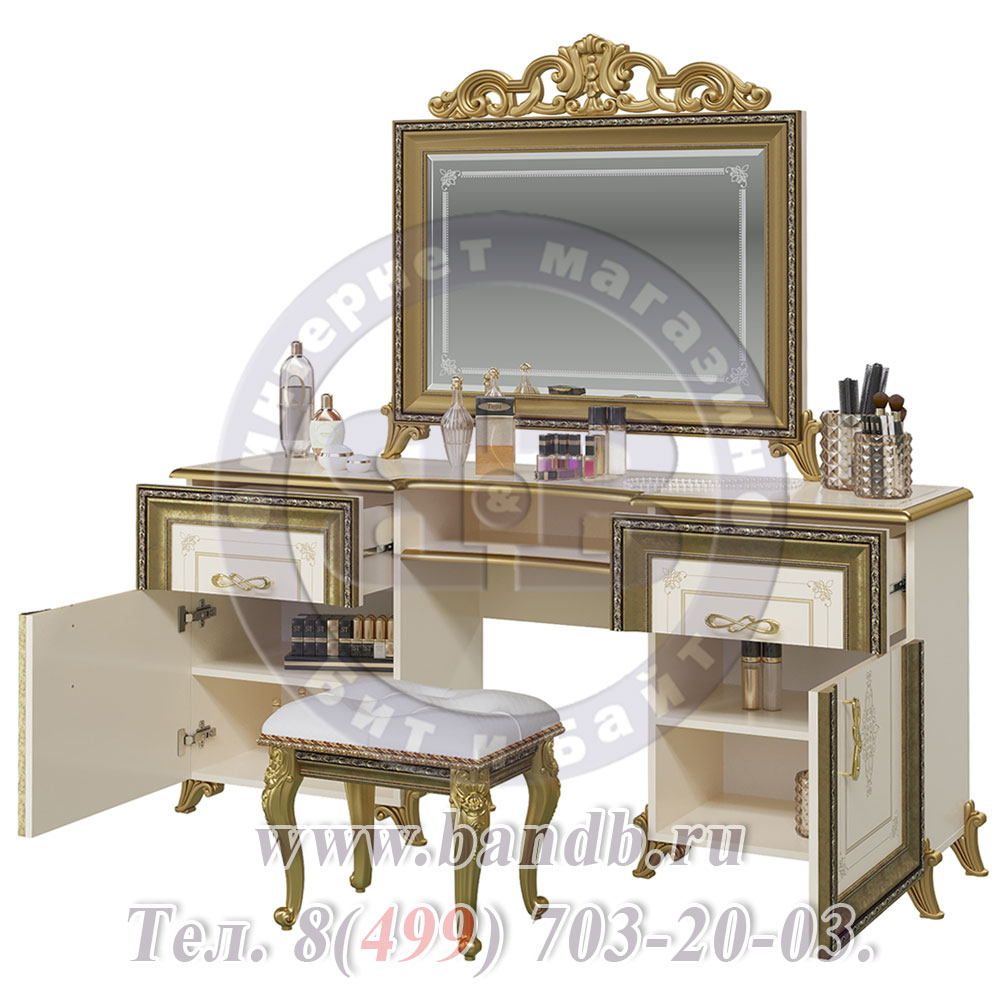 Стол туалетный с зеркалом с короной и пуф Версаль цвет слоновая кость Картинка № 2