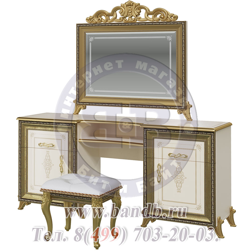 Стол туалетный с зеркалом с короной и пуф Версаль цвет слоновая кость Картинка № 3