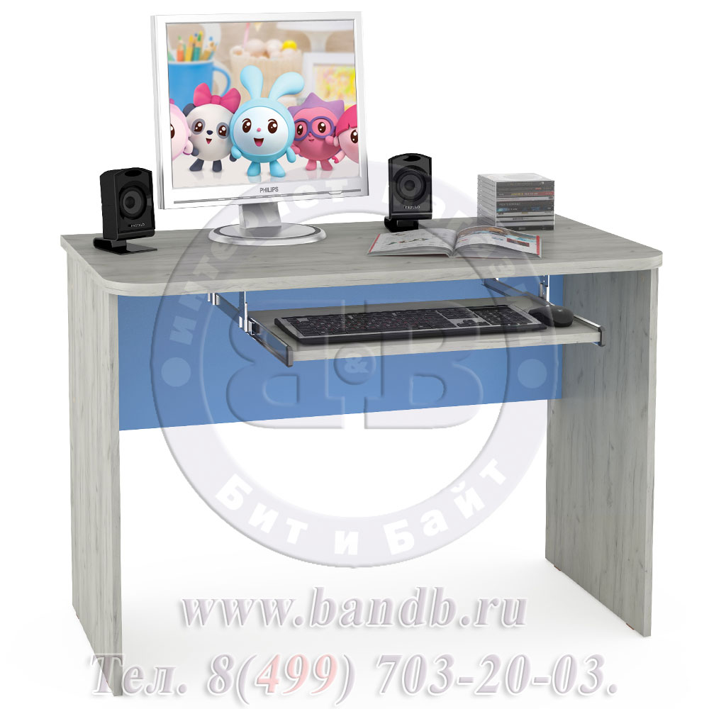 Компьютерный стол с полочкой для клавиатуры и мыши Тетрис цвет дуб белый/капри синий Картинка № 2
