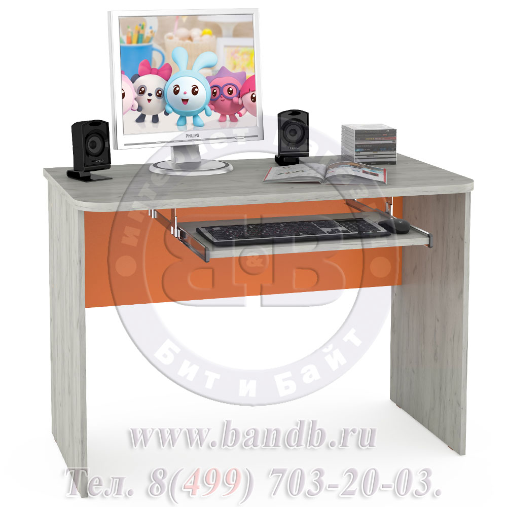 Компьютерный стол с полочкой для клавиатуры и мыши Тетрис цвет дуб белый/оранжевый Картинка № 2