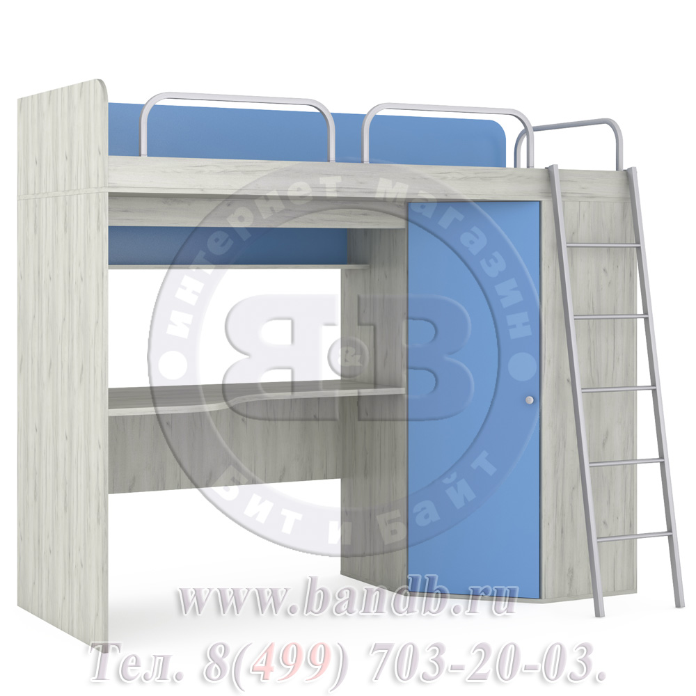 Тетрис 1 МС 345 Кровать-чердак со столом, лестницей и ограждениями, цвет дуб белый/капри синий Картинка № 5