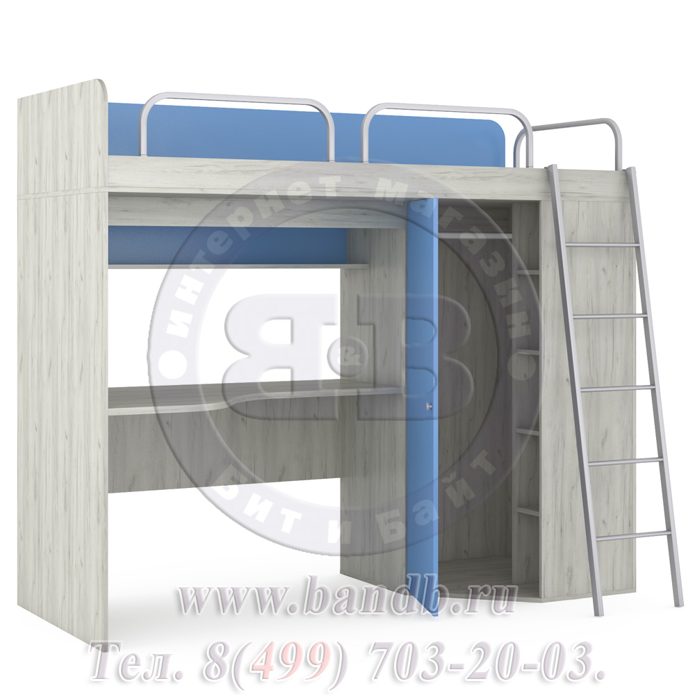 Тетрис 1 МС 345 Кровать-чердак со столом, лестницей и ограждениями, цвет дуб белый/капри синий Картинка № 6