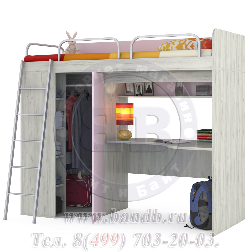 Тетрис 1 МС 345 Кровать-чердак со столом, лестницей и ограждениями, цвет дуб белый/лаванда Картинка № 2