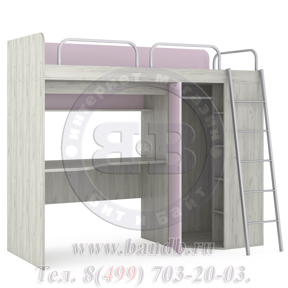 Тетрис 1 МС 345 Кровать-чердак со столом, лестницей и ограждениями, цвет дуб белый/лаванда Картинка № 6