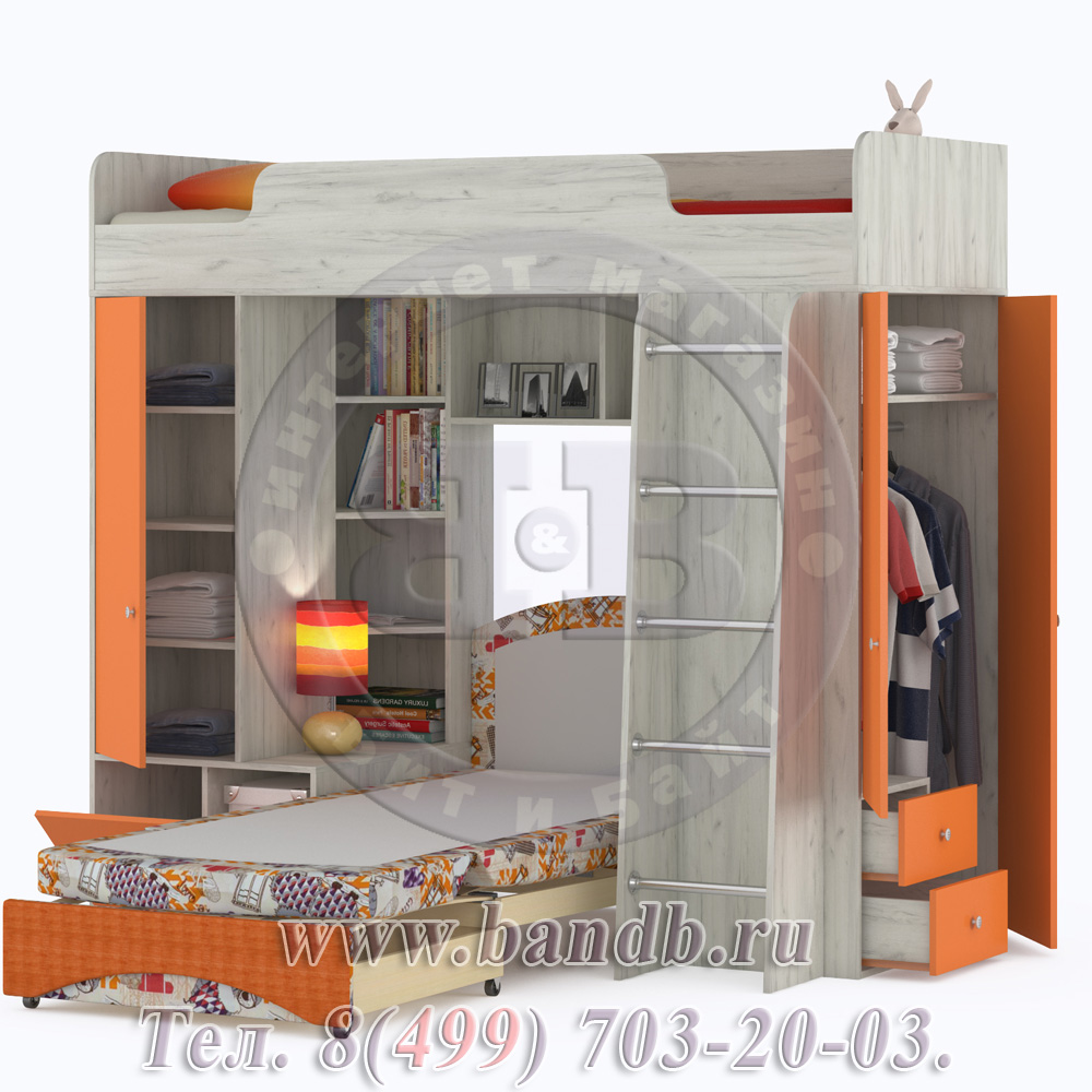 Тетрис 1 МС 366 Кровать-чердак с диваном, цвет дуб белый/оранжевый/ткань Арт. 01 Картинка № 2