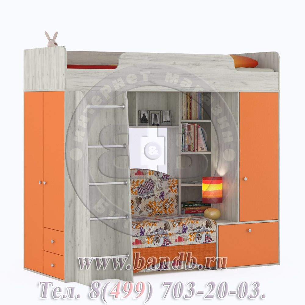 Тетрис 1 МС 366 Кровать-чердак с диваном, цвет дуб белый/оранжевый/ткань Арт. 01 Картинка № 3