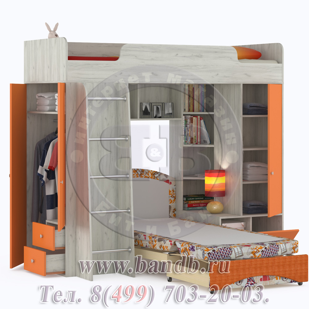 Кровать двухъярусная с диванным блоком Тетрис 366 цвет дуб белый/оранжевый/ткань Арт. 01 Картинка № 4
