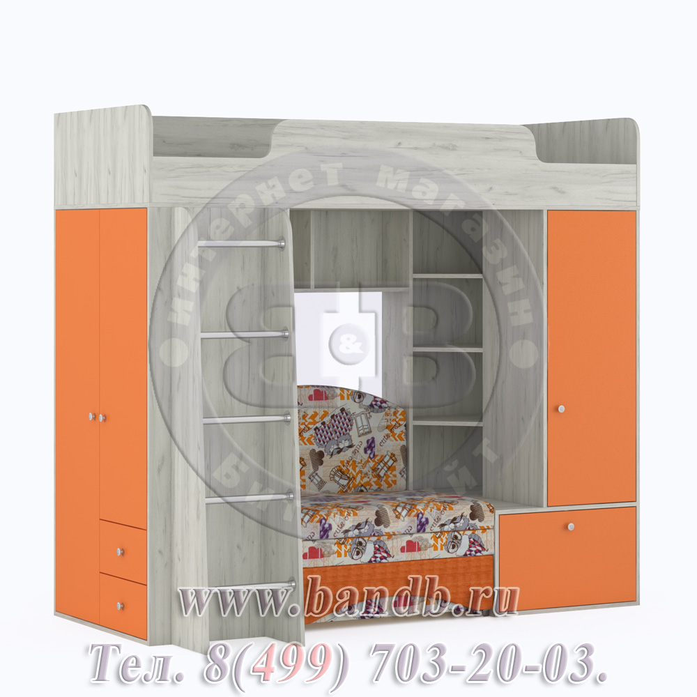 Кровать двухъярусная с диванным блоком Тетрис 366 цвет дуб белый/оранжевый/ткань Арт. 01 Картинка № 5
