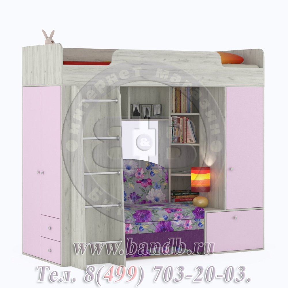 Тетрис 1 МС 366 Кровать-чердак с диваном, цвет дуб белый/лаванда/ткань Арт. 03 Картинка № 3