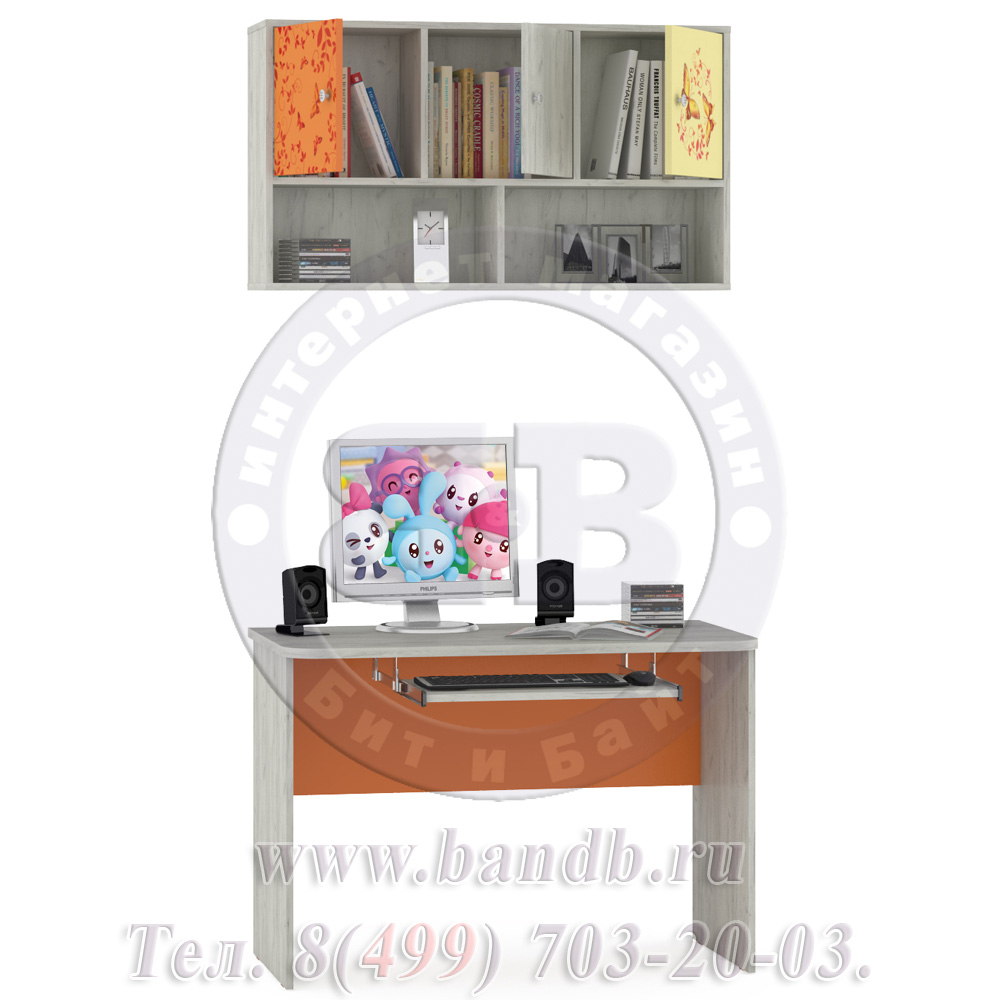 Письменный стол с полкой сверху Тетрис 1 МС № 1 Бабочки цвет дуб белый/оранжевый Картинка № 2