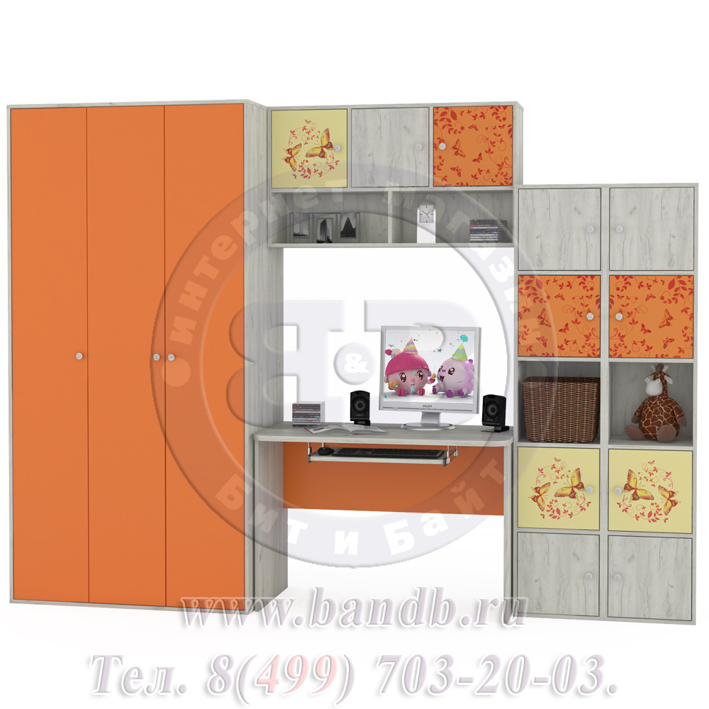 Детская стенка со столом Тетрис 1 МС № 4 Бабочки цвет дуб белый/оранжевый Картинка № 3