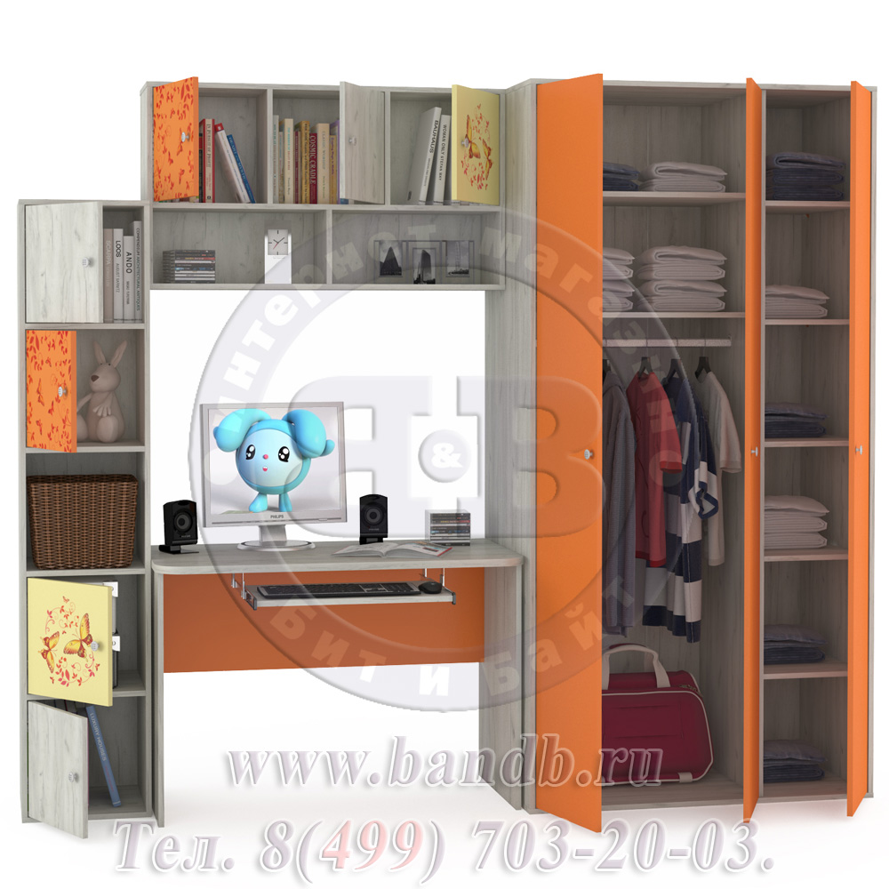 Письменный стол со шкафом Тетрис 1 МС № 6 Бабочки цвет дуб белый/оранжевый Картинка № 2