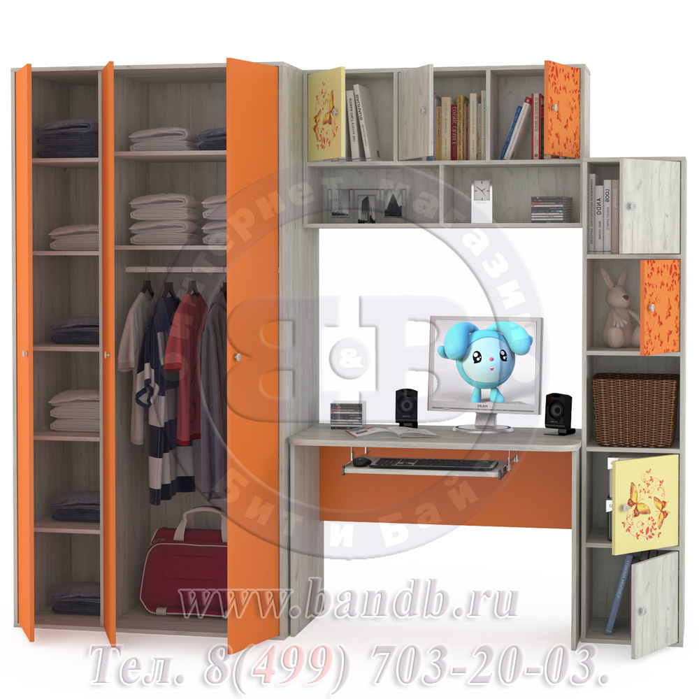 Письменный стол со шкафом Тетрис 1 МС № 6 Бабочки цвет дуб белый/оранжевый Картинка № 4