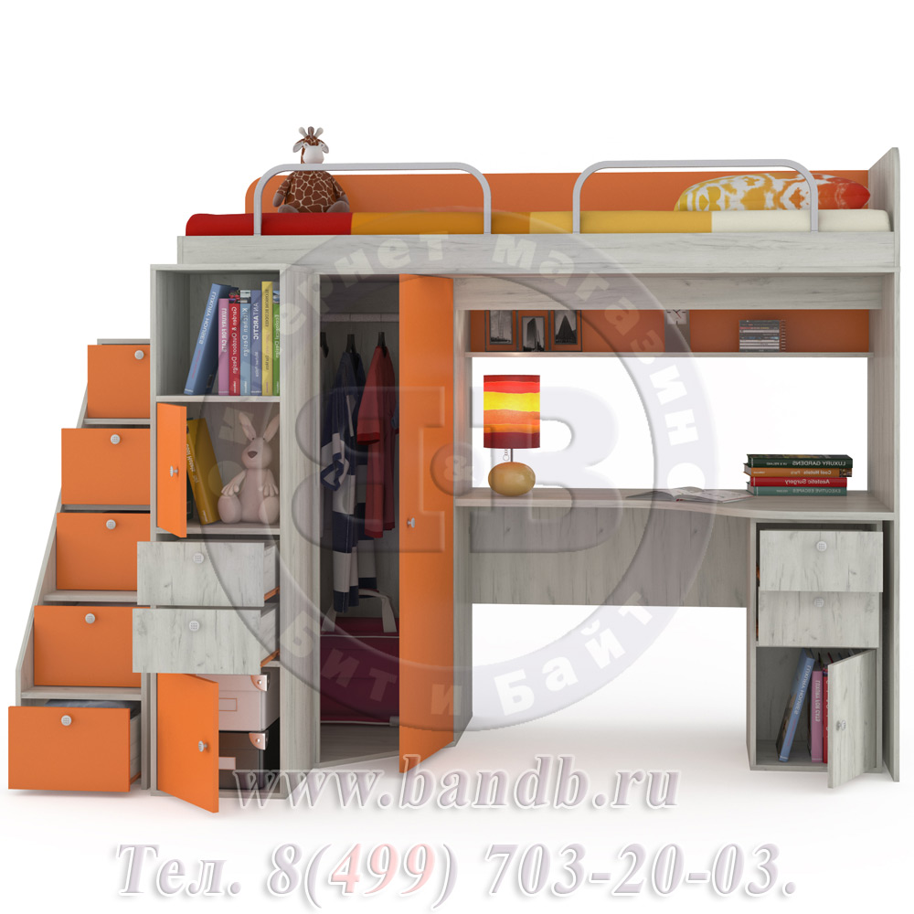 Кровать-чердак Тетрис 1 МС № 8 цвет дуб белый/оранжевый Картинка № 2