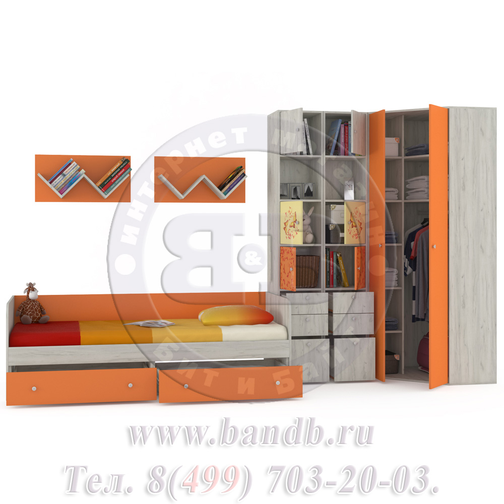 Мебель в детскую комнату Тетрис 1 МС № 10 Бабочки цвет дуб белый/оранжевый Картинка № 2