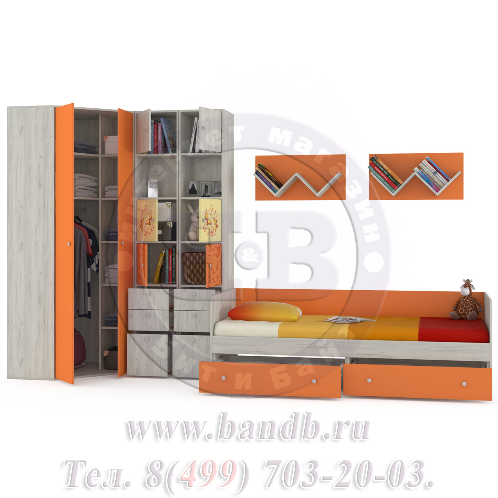 Мебель в детскую комнату Тетрис 1 МС № 10 Бабочки цвет дуб белый/оранжевый Картинка № 4
