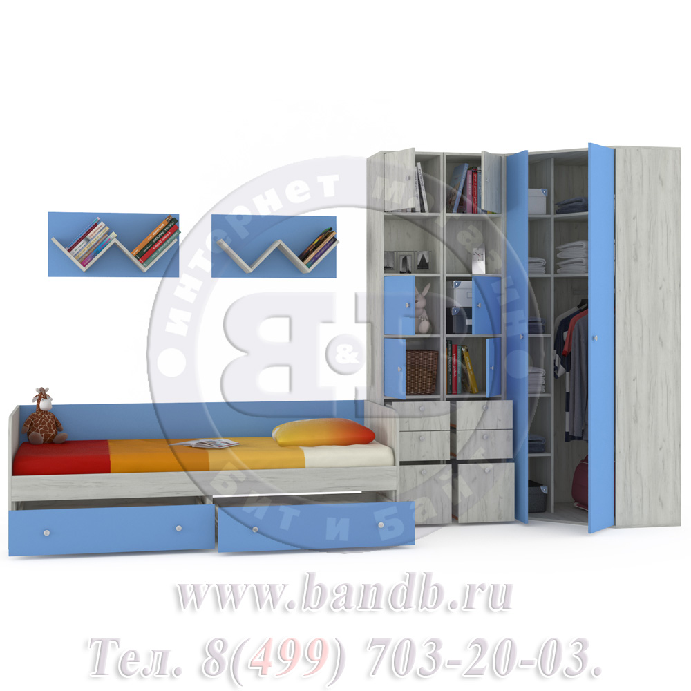 Мебель в детскую комнату Тетрис 1 МС № 10 цвет дуб белый/капри синий Картинка № 2
