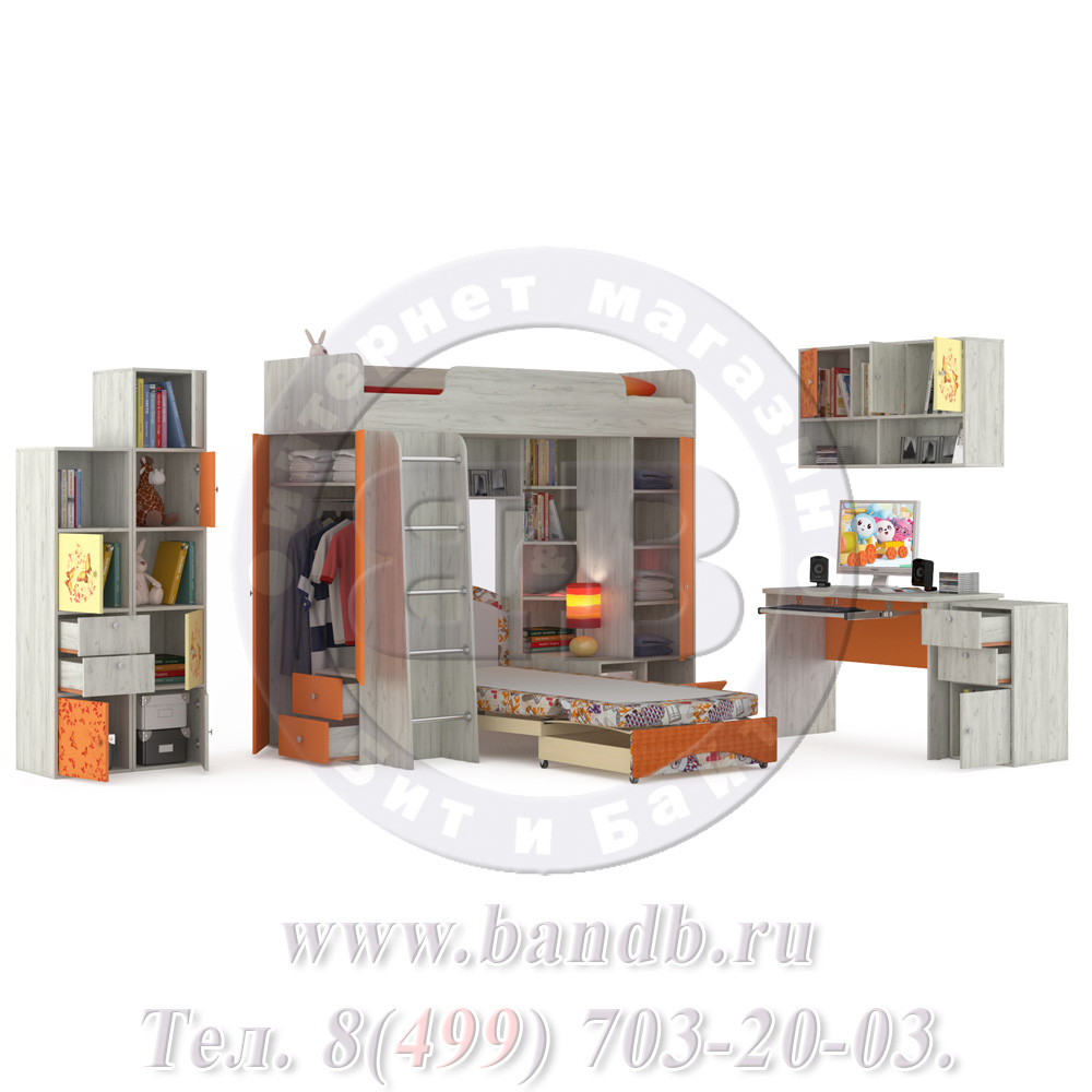 Детская мебель - набор Тетрис 1 МС № 11-Арт. 01 Бабочки цвет дуб белый/оранжевый Картинка № 4