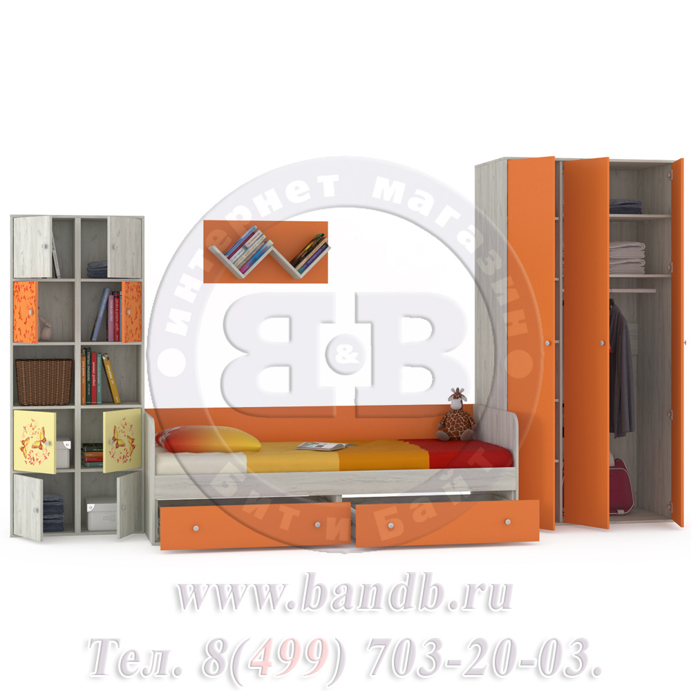 Кровать детская с ящиками + шкаф и стеллажи Тетрис 1 МС № 15 Бабочки цвет дуб белый/оранжевый Картинка № 2