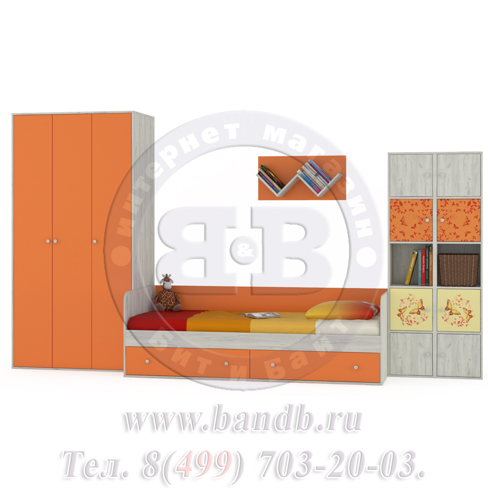 Кровать детская с ящиками + шкаф и стеллажи Тетрис 1 МС № 15 Бабочки цвет дуб белый/оранжевый Картинка № 3