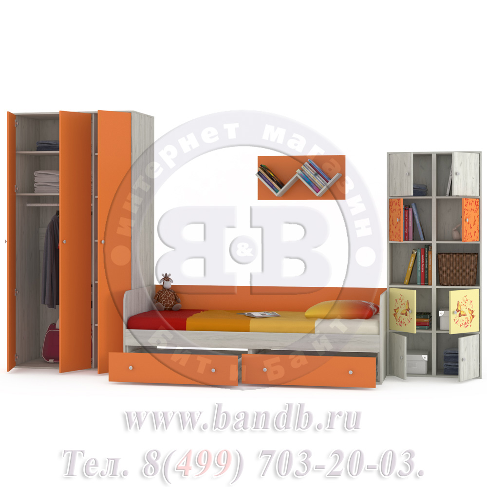 Кровать детская с ящиками + шкаф и стеллажи Тетрис 1 МС № 15 Бабочки цвет дуб белый/оранжевый Картинка № 4