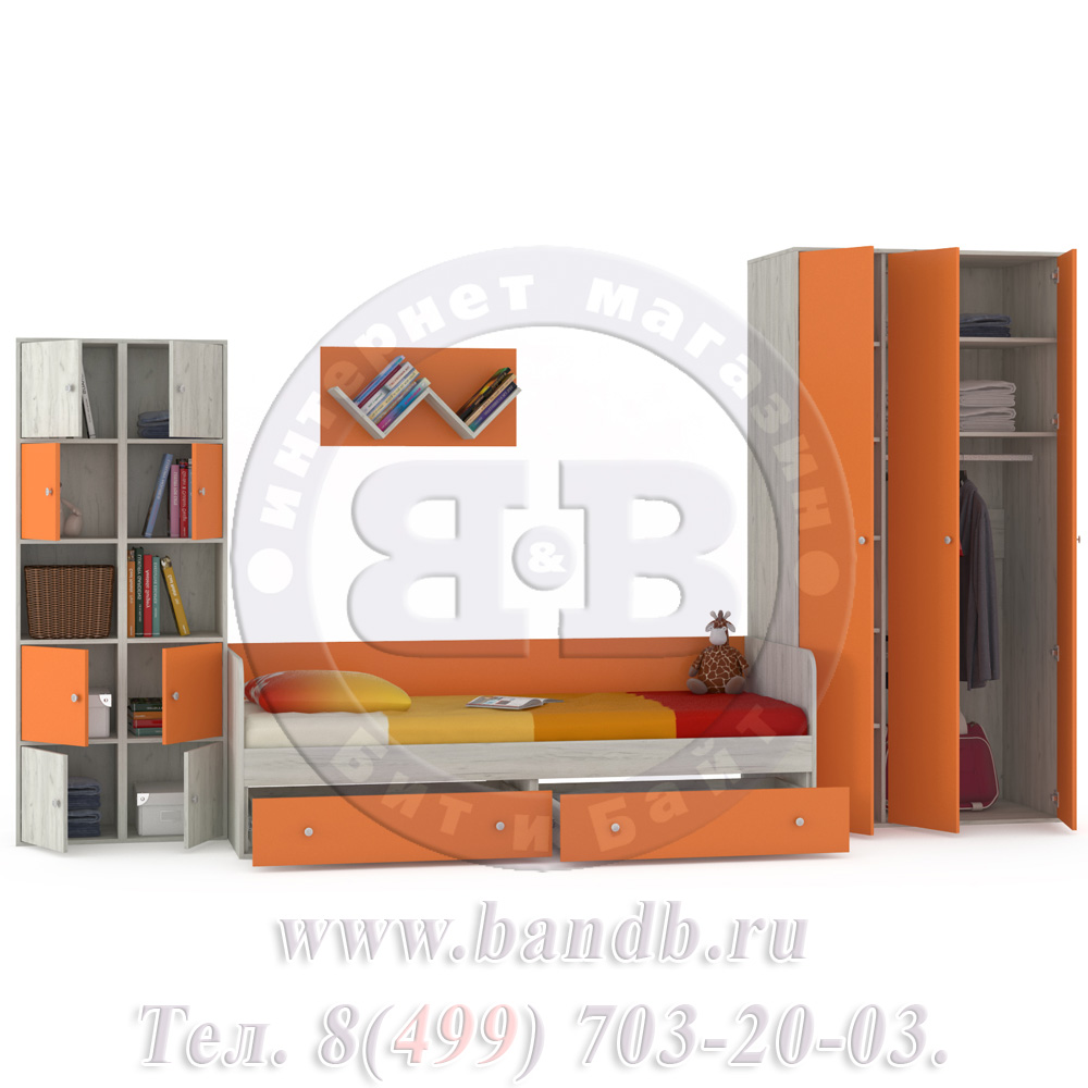 Кровать детская с ящиками + шкаф и стеллажи Тетрис 1 МС № 15 цвет дуб белый/оранжевый Картинка № 2
