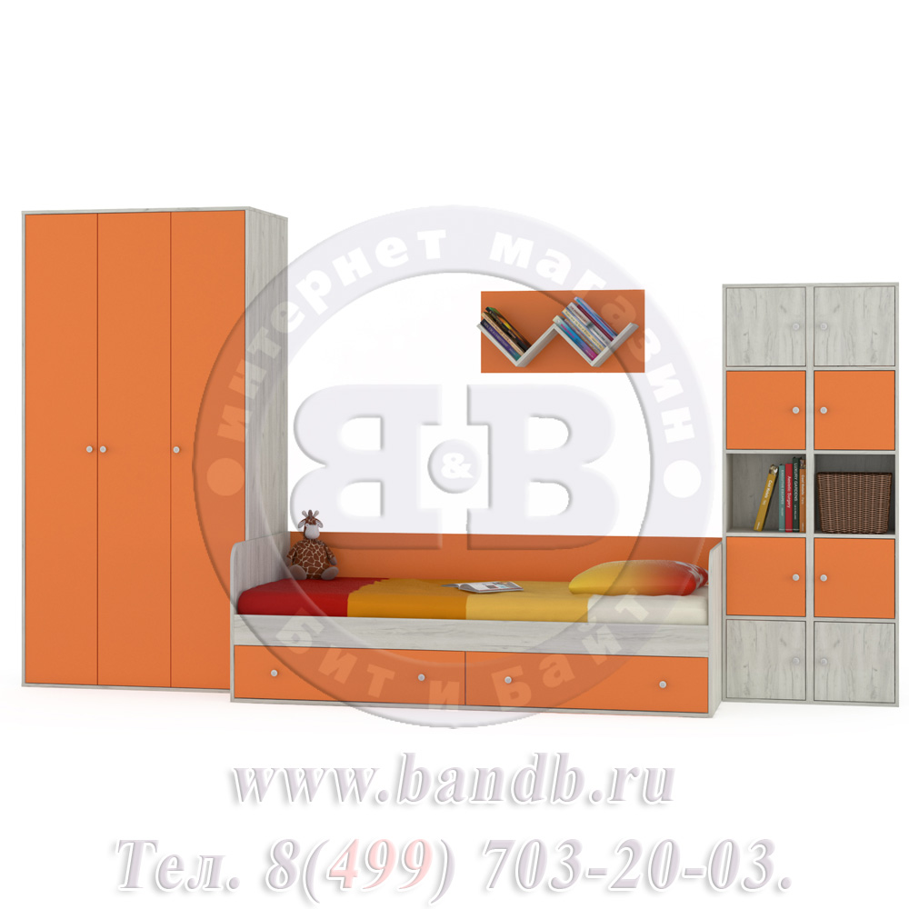 Кровать детская с ящиками + шкаф и стеллажи Тетрис 1 МС № 15 цвет дуб белый/оранжевый Картинка № 3