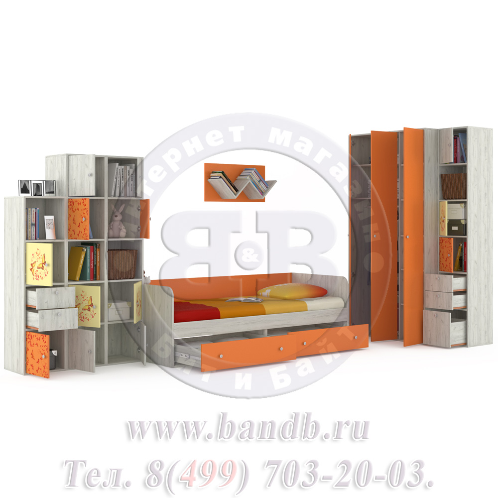 Мебель для детской комнаты с кроватью Тетрис 1 МС № 16 Бабочки цвет дуб белый/оранжевый Картинка № 2