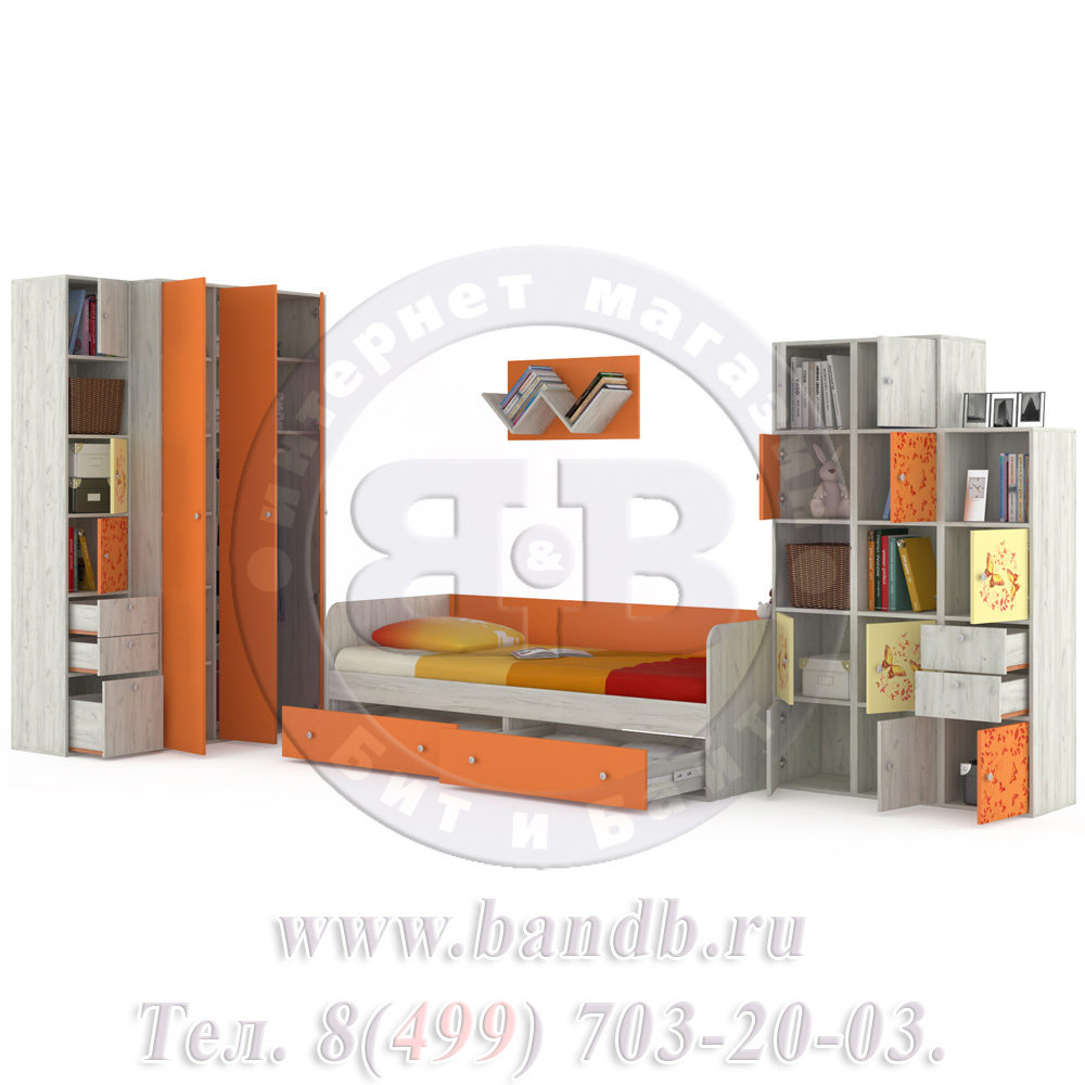 Мебель для детской комнаты с кроватью Тетрис 1 МС № 16 Бабочки цвет дуб белый/оранжевый Картинка № 4