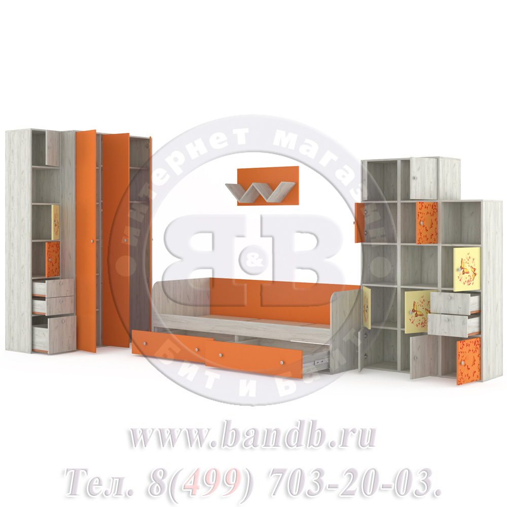 Мебель для детской комнаты с кроватью Тетрис 1 МС № 16 Бабочки цвет дуб белый/оранжевый Картинка № 6