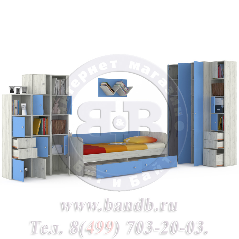 Мебель для детской комнаты с кроватью Тетрис 1 МС № 16 цвет дуб белый/капри синий Картинка № 2