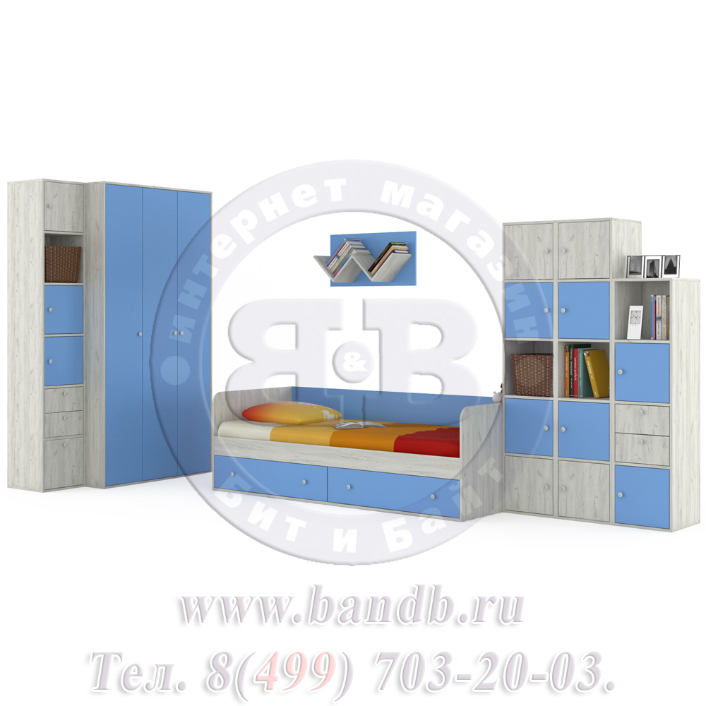 Мебель для детской комнаты с кроватью Тетрис 1 МС № 16 цвет дуб белый/капри синий Картинка № 3