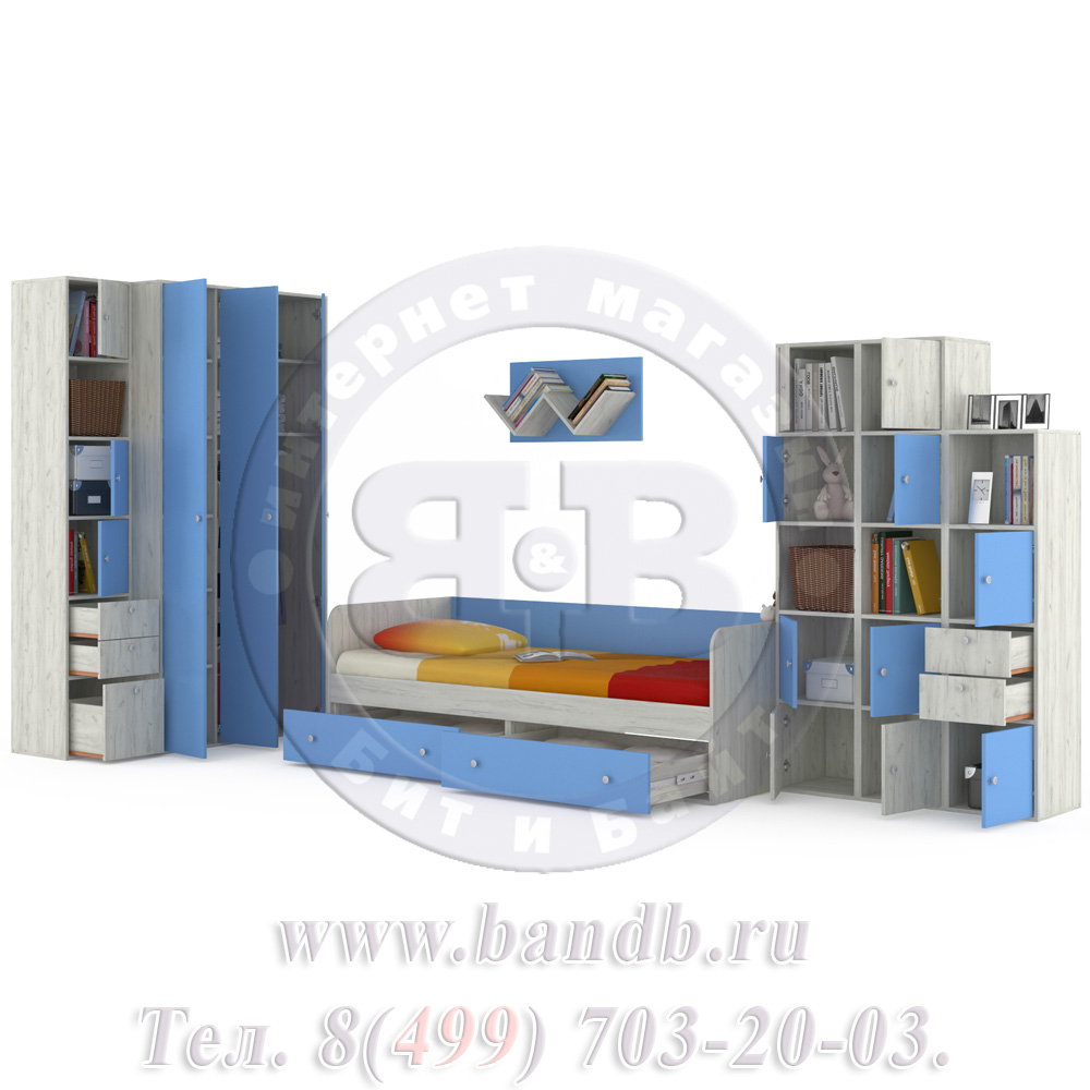 Мебель для детской комнаты с кроватью Тетрис 1 МС № 16 цвет дуб белый/капри синий Картинка № 4